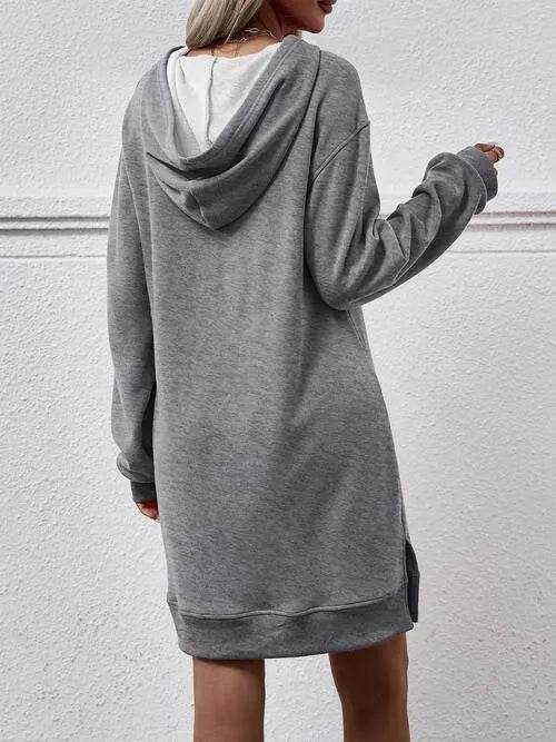 Slit Long Sleeve Hooded Dress with Pocket - Bona Fide Fashion