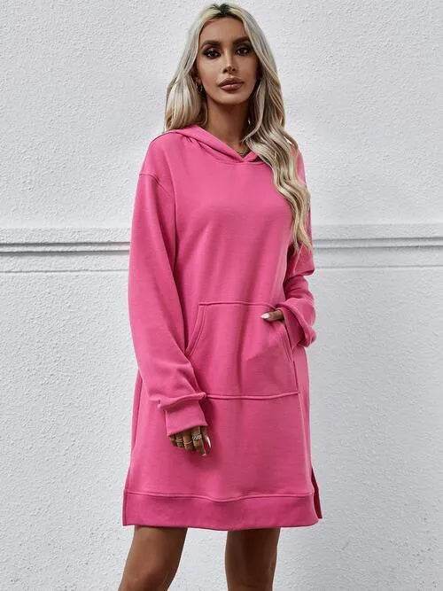 Slit Long Sleeve Hooded Dress with Pocket - Bona Fide Fashion