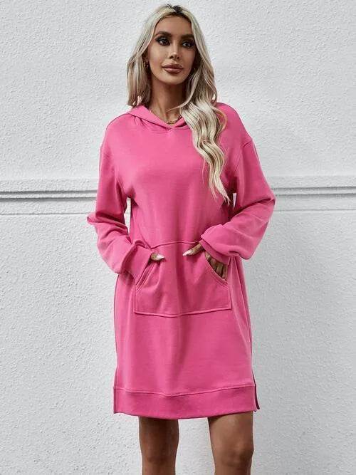 Slit Long Sleeve Hooded Dress with Pocket - Bona Fide Fashion