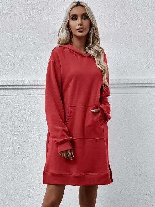 Slit Long Sleeve Hooded Dress with Pocket - Bona Fide Fashion