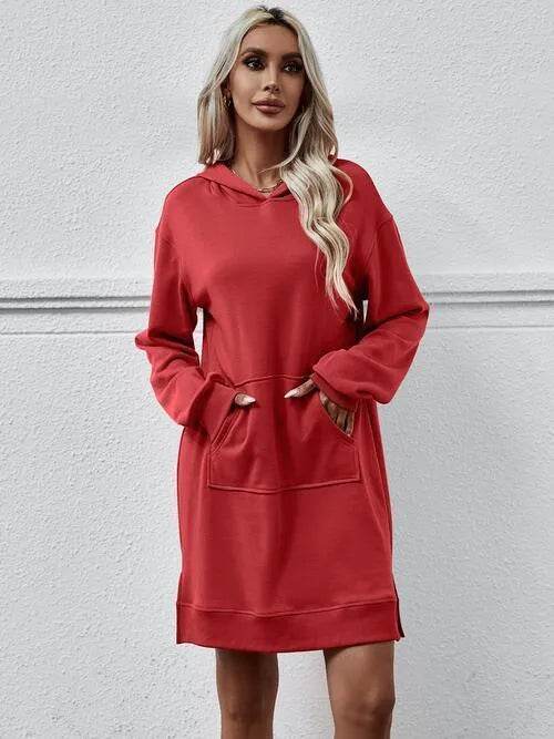 Slit Long Sleeve Hooded Dress with Pocket - Bona Fide Fashion