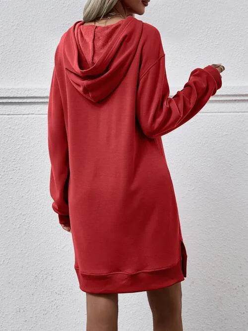 Slit Long Sleeve Hooded Dress with Pocket - Bona Fide Fashion
