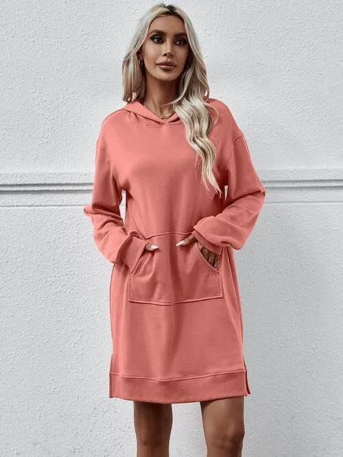 Slit Long Sleeve Hooded Dress with Pocket - Bona Fide Fashion
