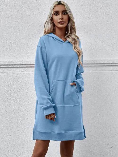 Slit Long Sleeve Hooded Dress with Pocket - Bona Fide Fashion