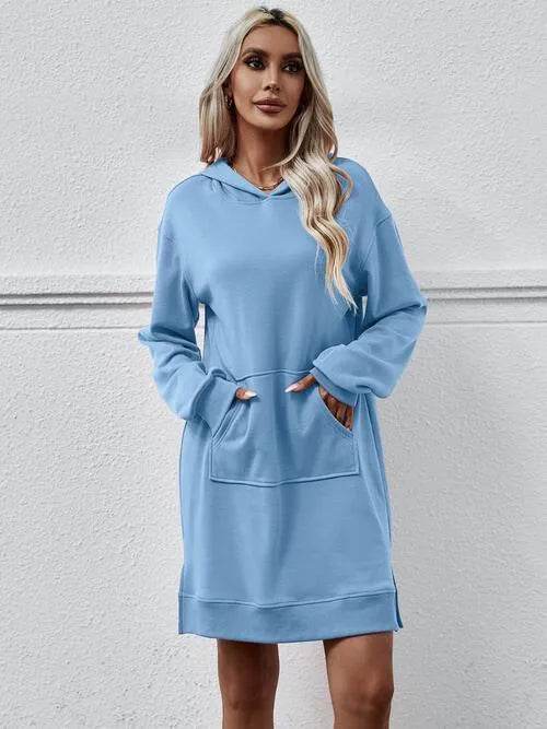 Slit Long Sleeve Hooded Dress with Pocket - Bona Fide Fashion