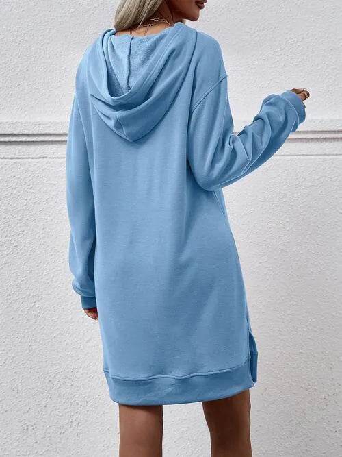 Slit Long Sleeve Hooded Dress with Pocket - Bona Fide Fashion