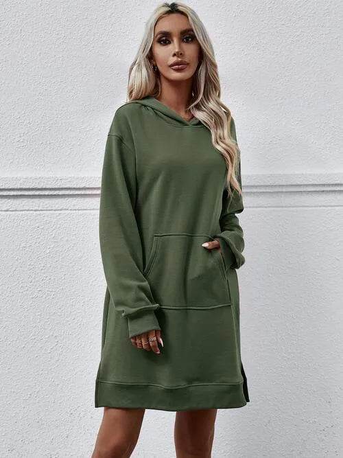 Slit Long Sleeve Hooded Dress with Pocket - Bona Fide Fashion