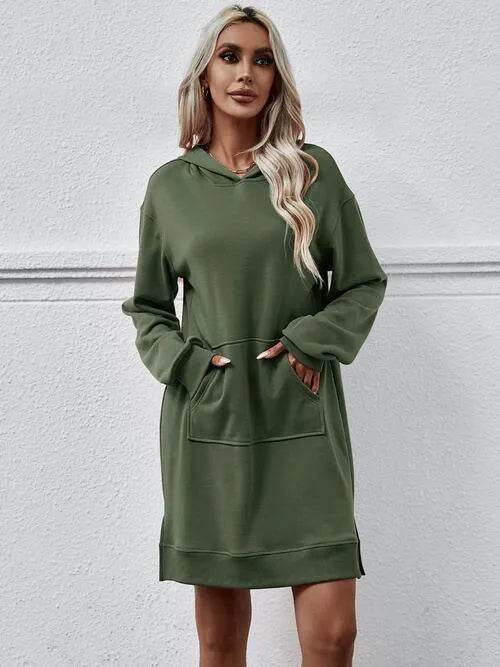 Slit Long Sleeve Hooded Dress with Pocket - Bona Fide Fashion