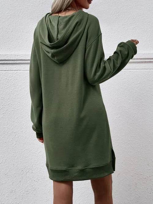 Slit Long Sleeve Hooded Dress with Pocket - Bona Fide Fashion