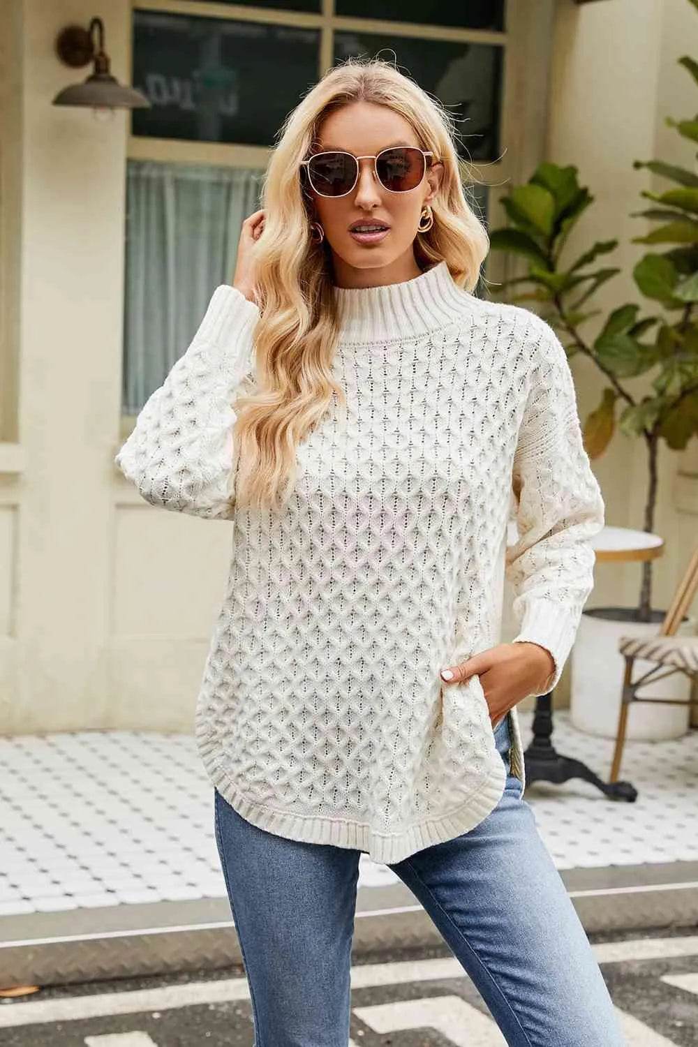 Slit Long Sleeve Mock Neck Sweater - Bona Fide Fashion