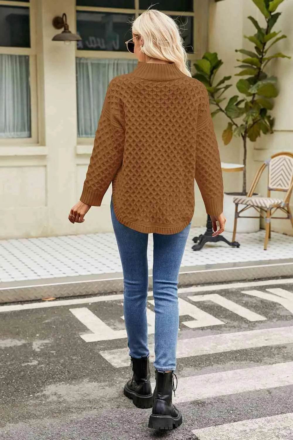 Slit Long Sleeve Mock Neck Sweater - Bona Fide Fashion