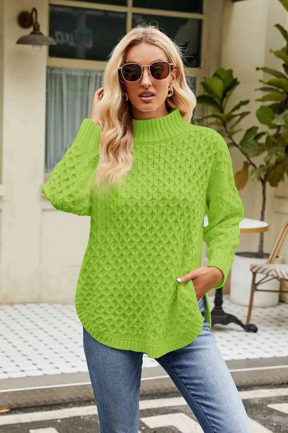 Slit Long Sleeve Mock Neck Sweater - Bona Fide Fashion