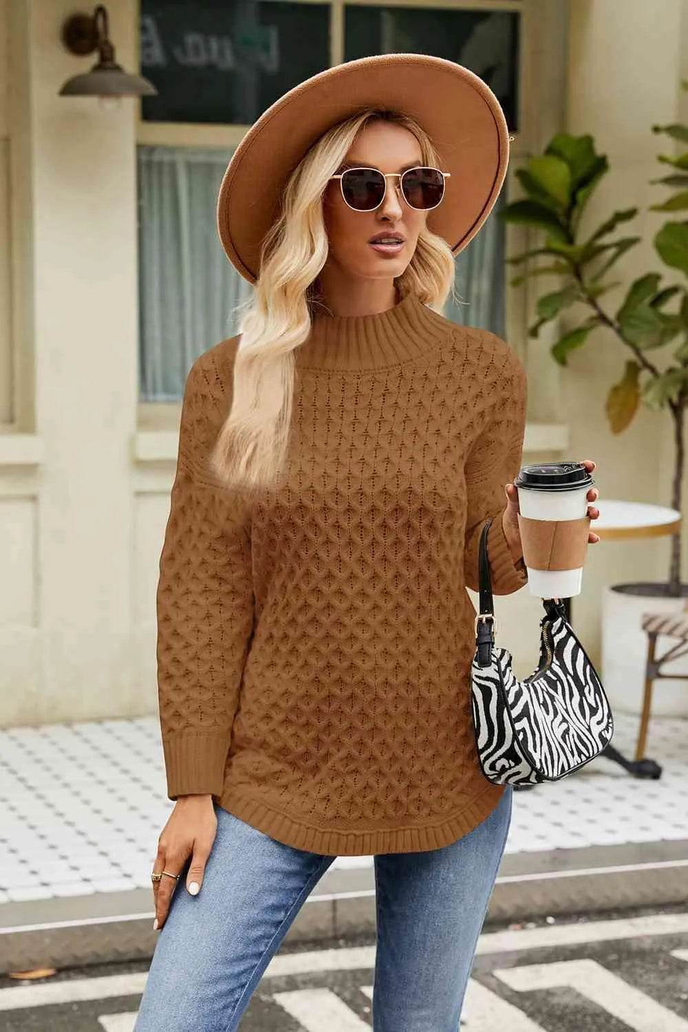 Slit Long Sleeve Mock Neck Sweater - Bona Fide Fashion