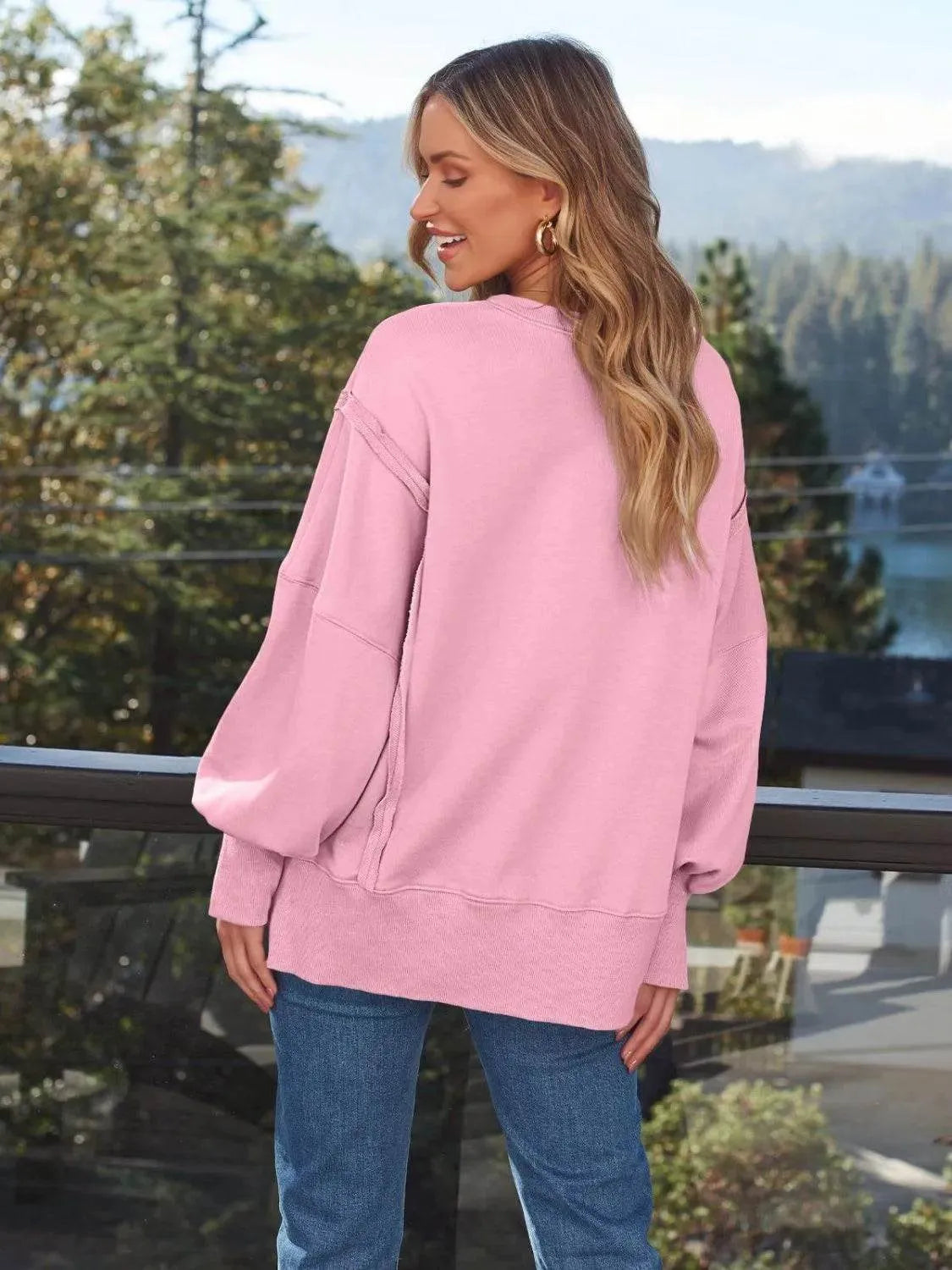 Slit Round Neck Long Sleeve Sweatshirt - Bona Fide Fashion
