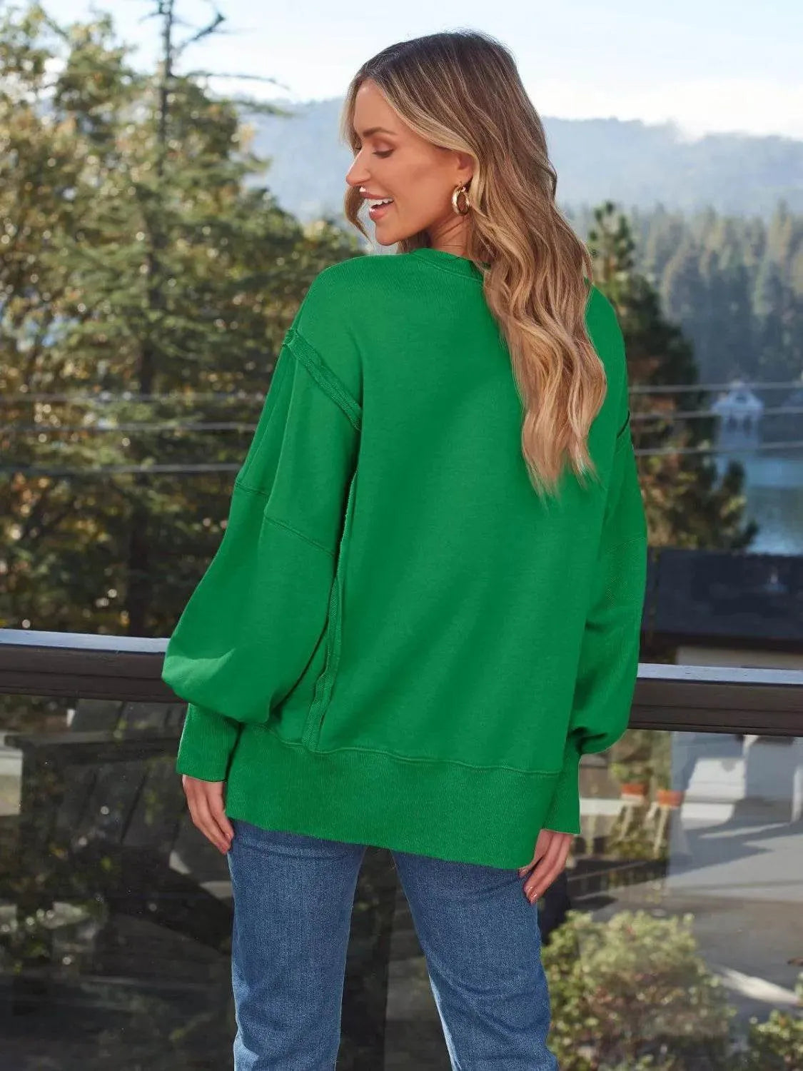 Slit Round Neck Long Sleeve Sweatshirt - Bona Fide Fashion