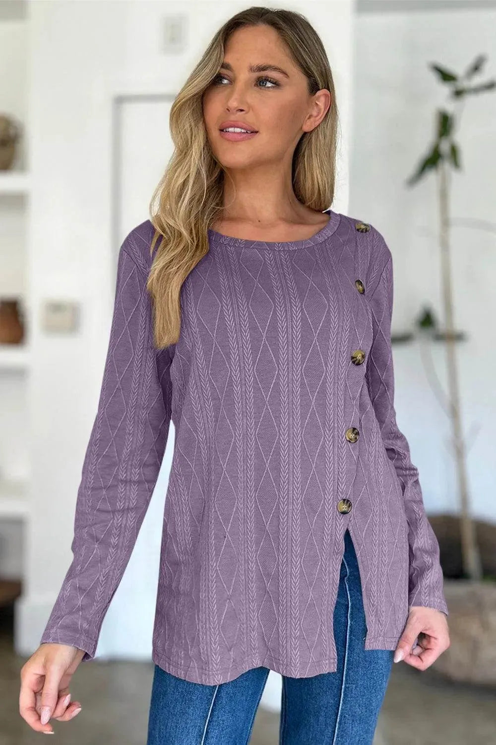 Slit Round Neck Long Sleeve T-Shirt - Bona Fide Fashion