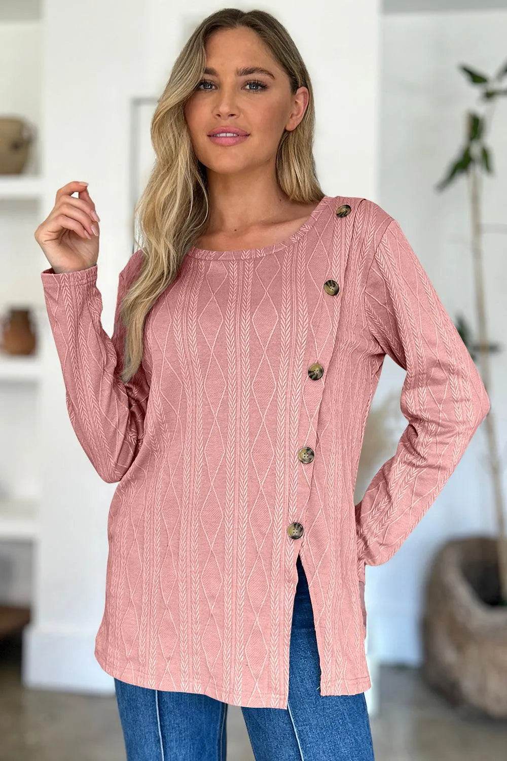 Slit Round Neck Long Sleeve T-Shirt - Bona Fide Fashion
