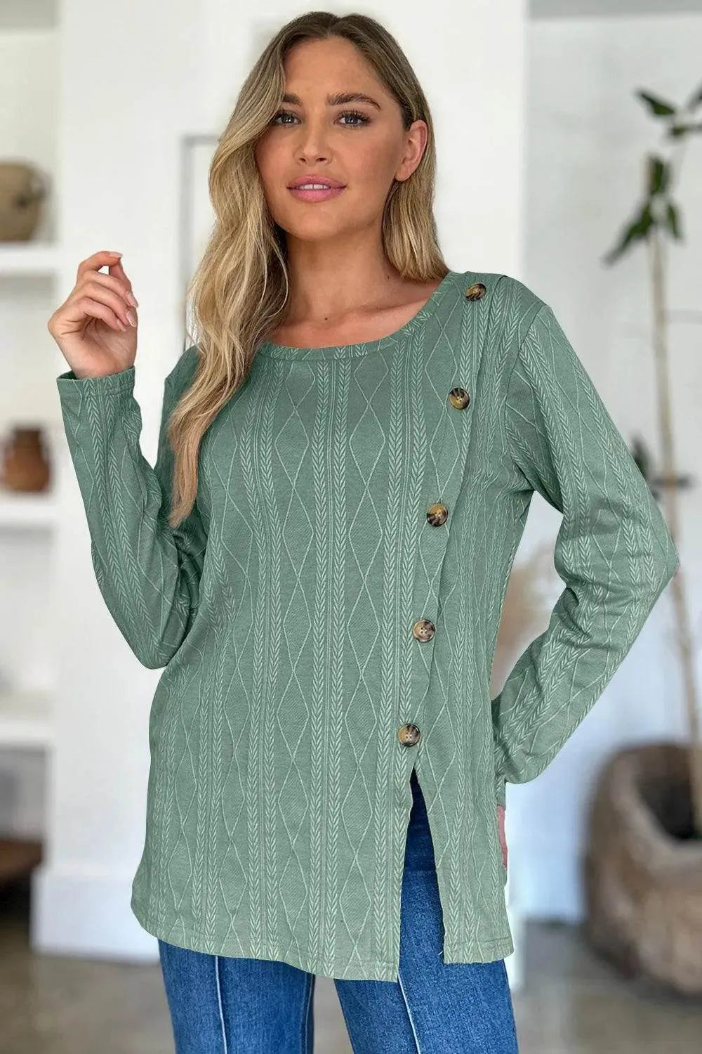 Slit Round Neck Long Sleeve T-Shirt - Bona Fide Fashion