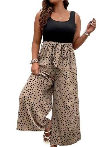 SOLY HUX Women's Plus Size Graphic Print Tank Jumpsuits Sleeveless Square Neck Wide Leg Romper Pants Black and Beige 2XL - Bona Fide Fashion