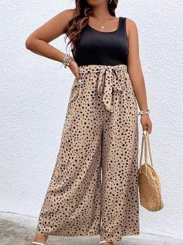 SOLY HUX Women's Plus Size Graphic Print Tank Jumpsuits Sleeveless Square Neck Wide Leg Romper Pants Black and Beige 2XL - Bona Fide Fashion