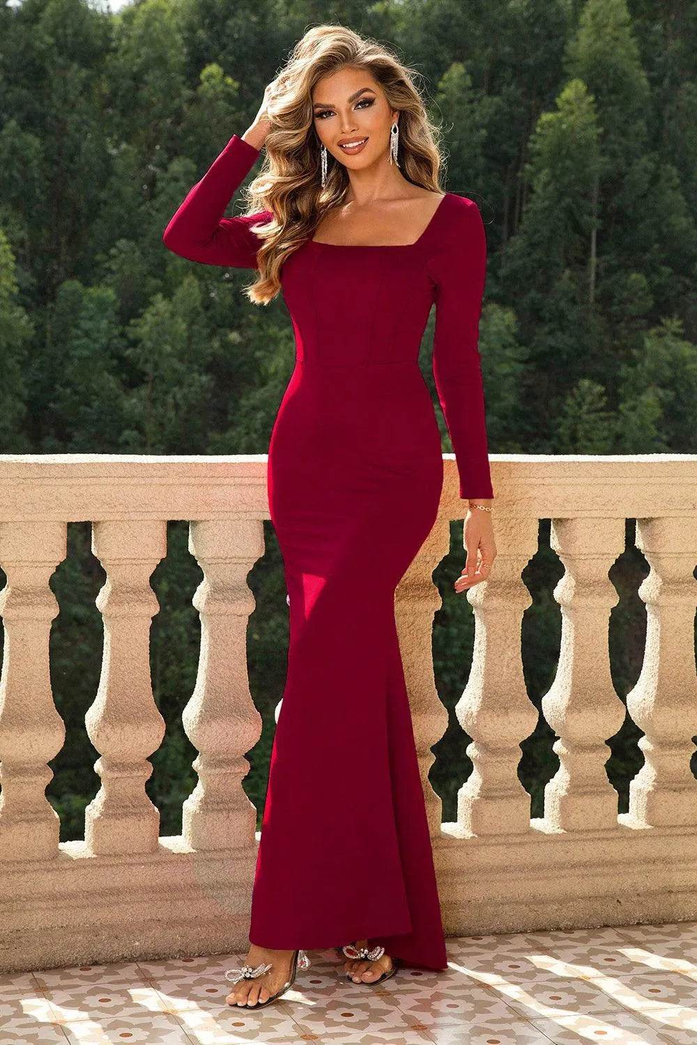 Square Neck Long Sleeve Dress - Bona Fide Fashion
