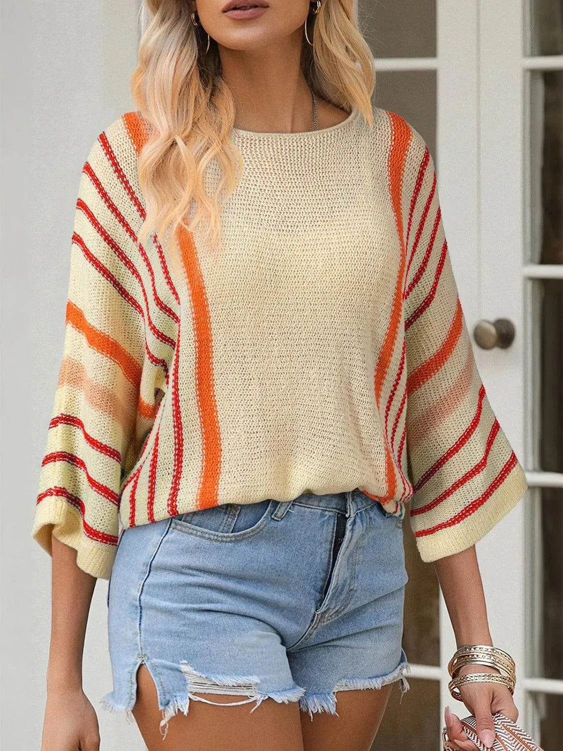 Striped Boat Neck Three-Quarter Sleeve Knit Top - Bona Fide Fashion