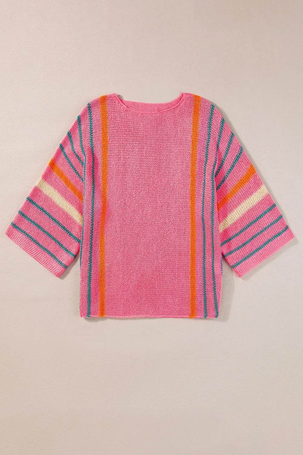 Striped Boat Neck Three-Quarter Sleeve Knit Top - Bona Fide Fashion