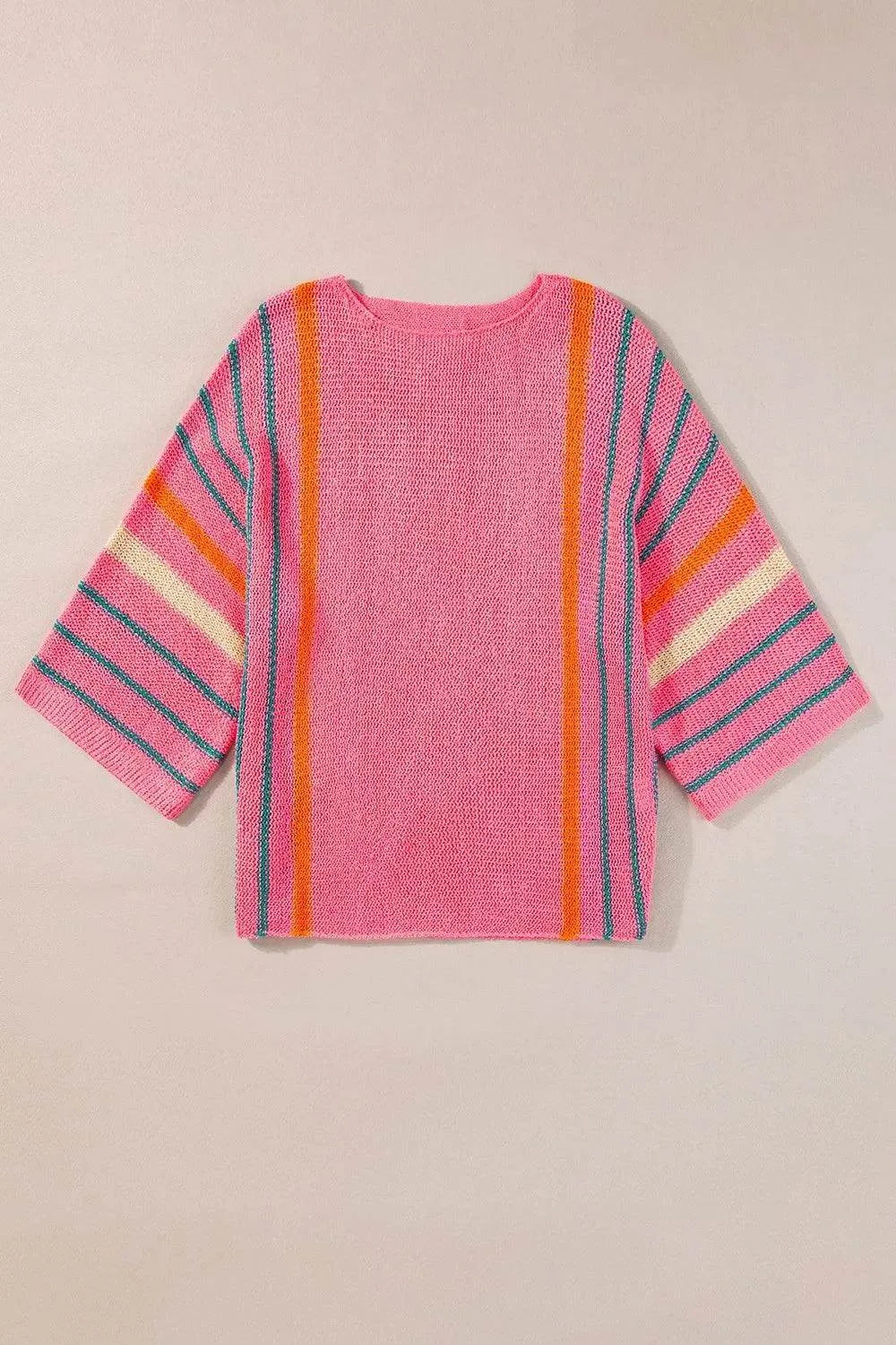 Striped Boat Neck Three-Quarter Sleeve Knit Top - Bona Fide Fashion