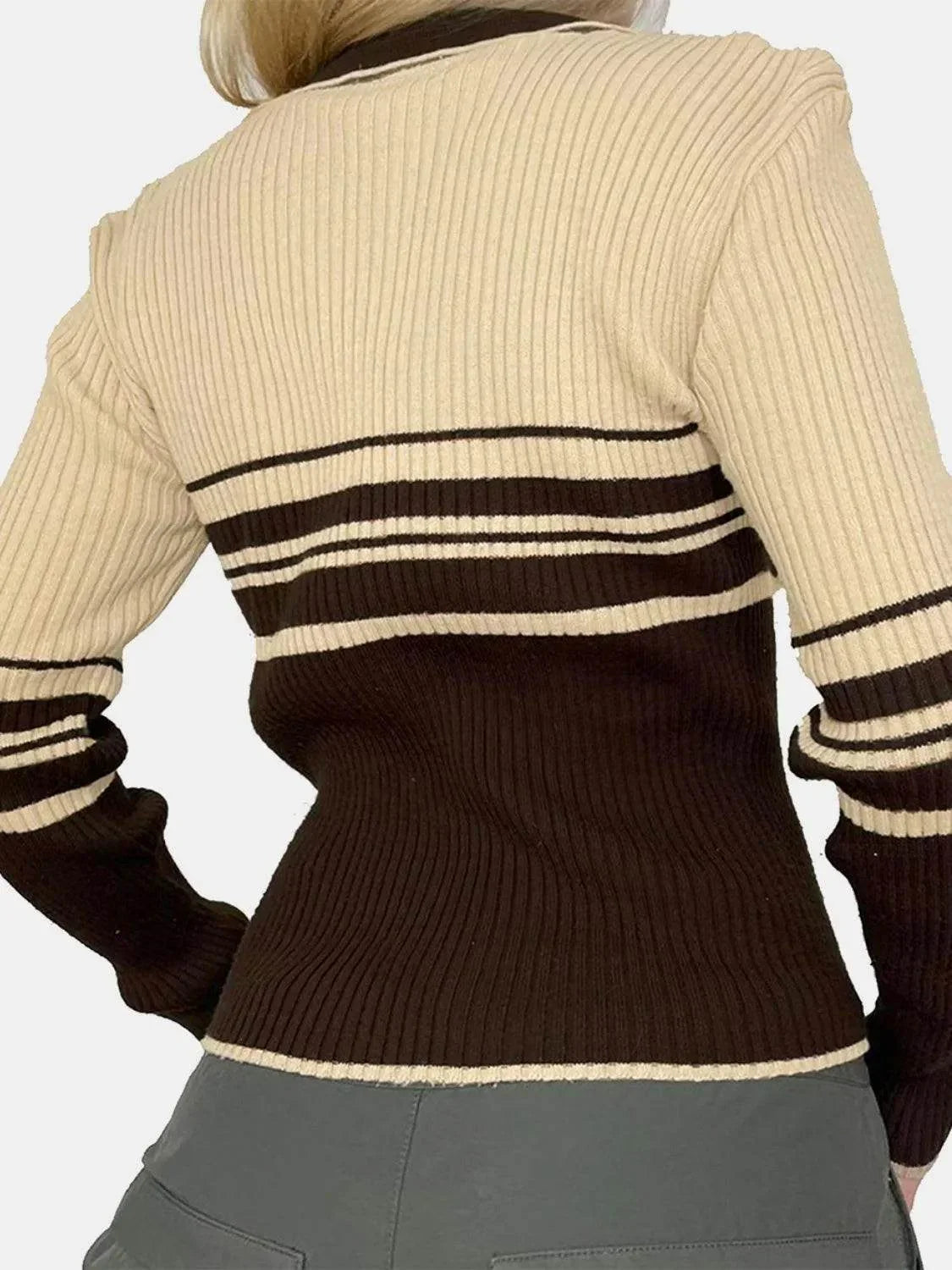 Striped Collared Neck Long Sleeve Knit Top - Bona Fide Fashion