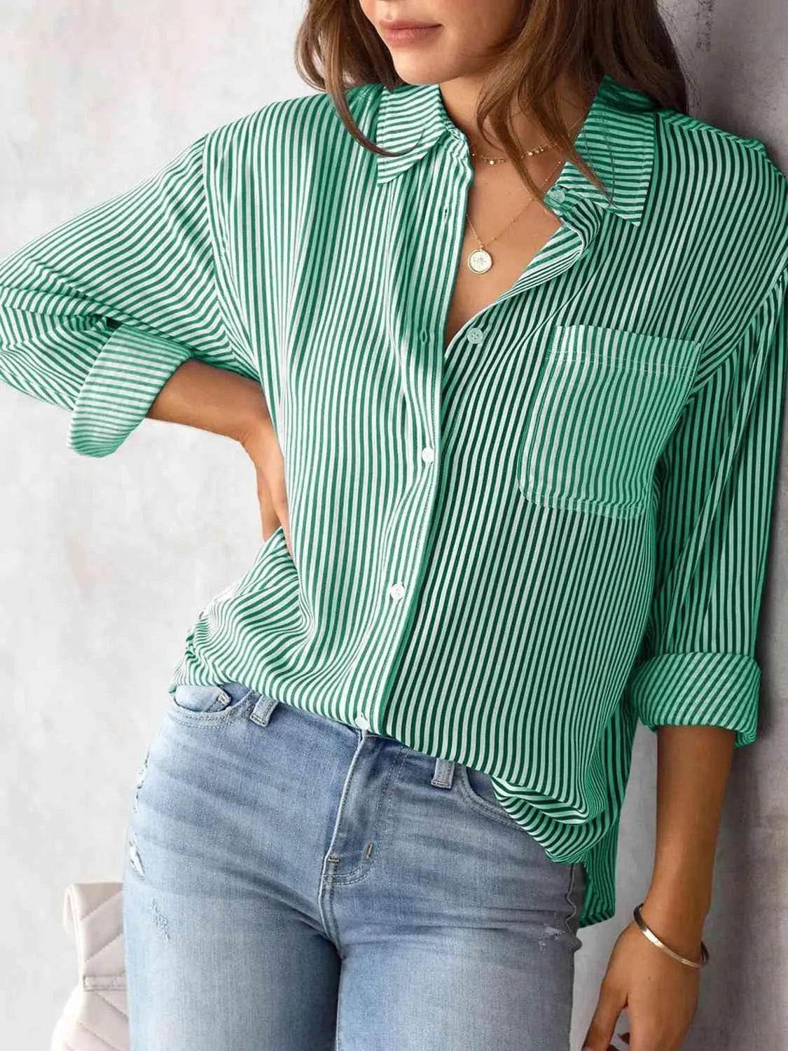 Striped Collared Neck Shirt with Pocket - Bona Fide Fashion