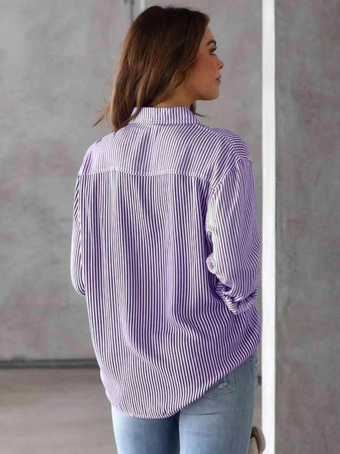 Striped Collared Neck Shirt with Pocket - Bona Fide Fashion