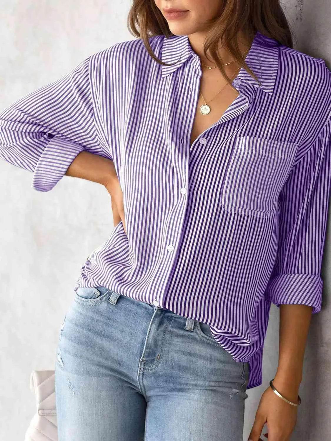 Striped Collared Neck Shirt with Pocket - Bona Fide Fashion