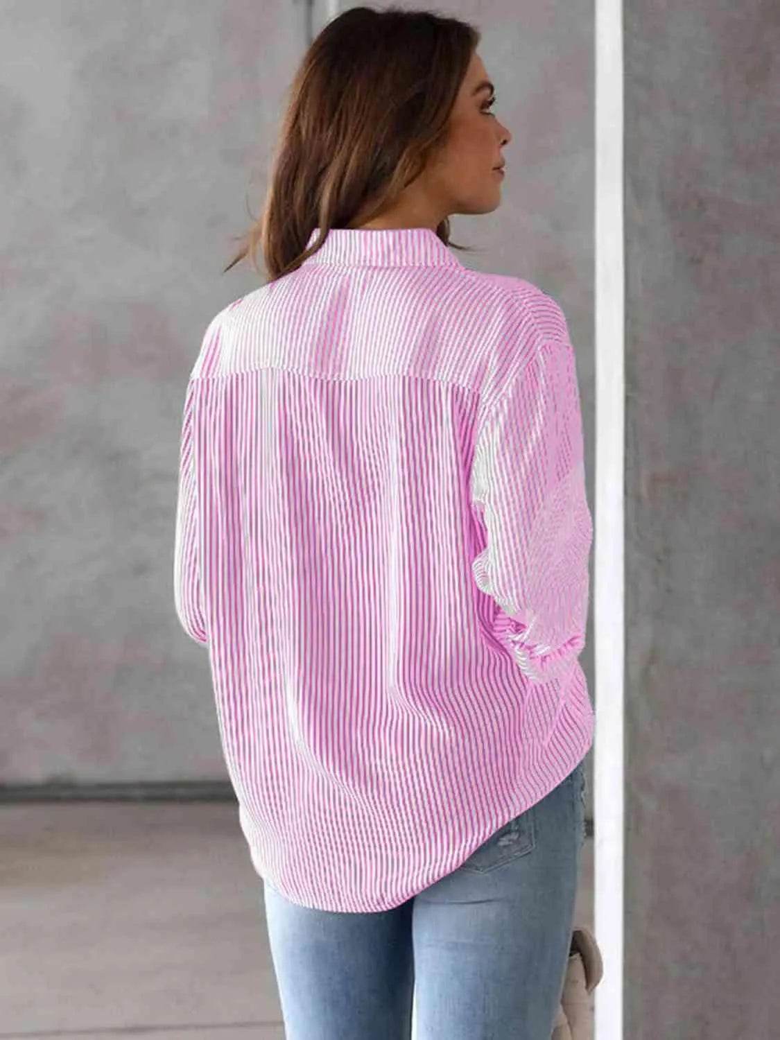 Striped Collared Neck Shirt with Pocket - Bona Fide Fashion