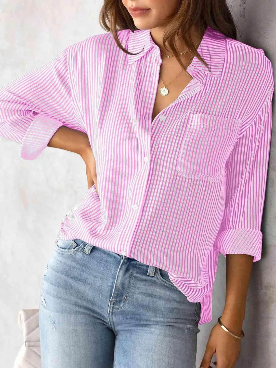 Striped Collared Neck Shirt with Pocket - Bona Fide Fashion