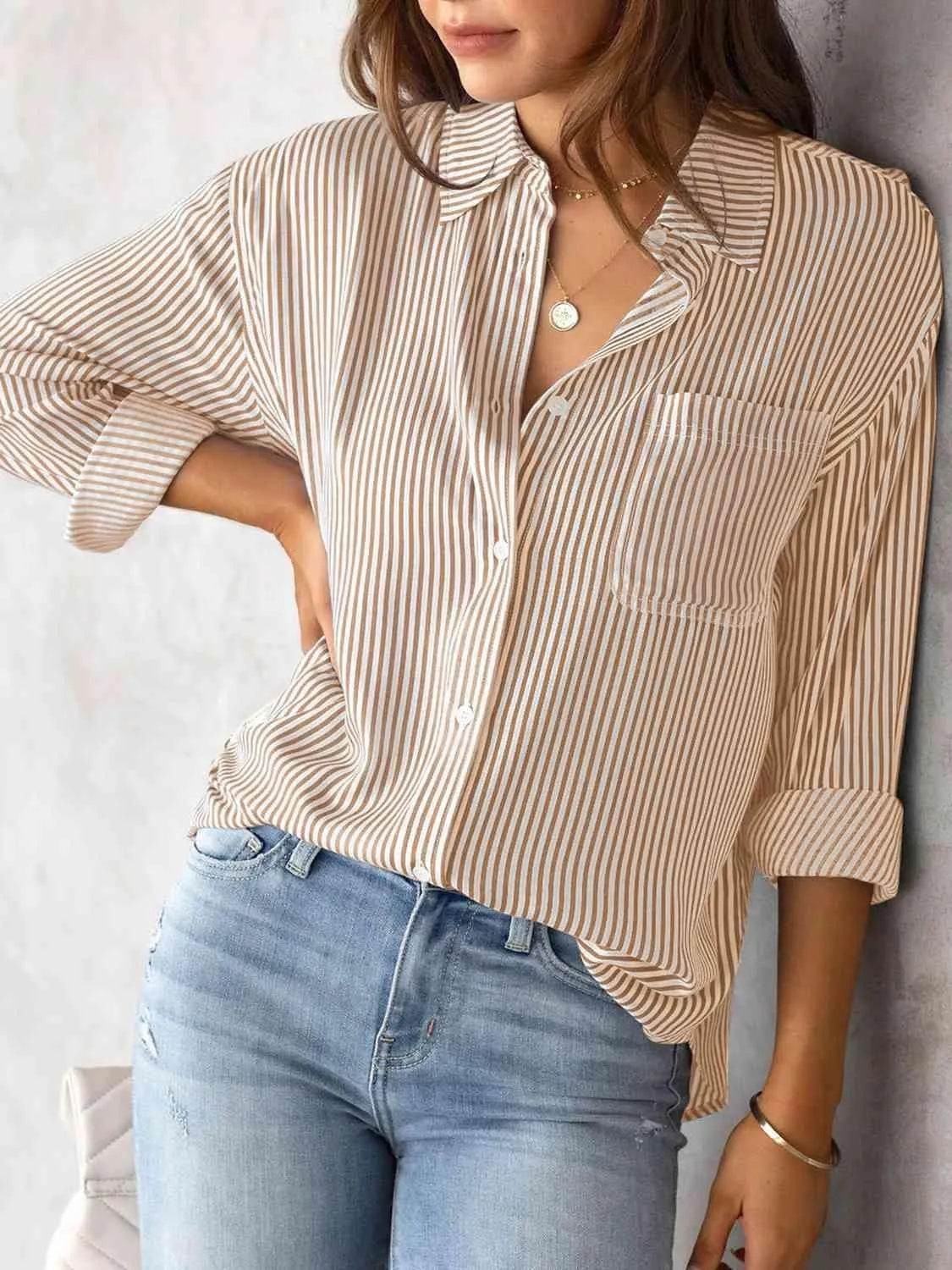 Striped Collared Neck Shirt with Pocket - Bona Fide Fashion
