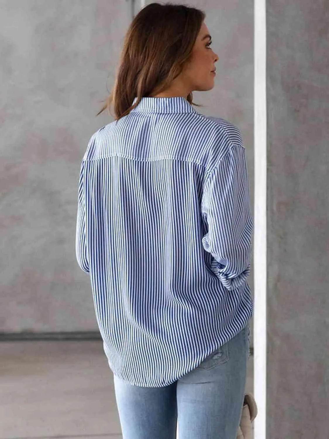 Striped Collared Neck Shirt with Pocket - Bona Fide Fashion