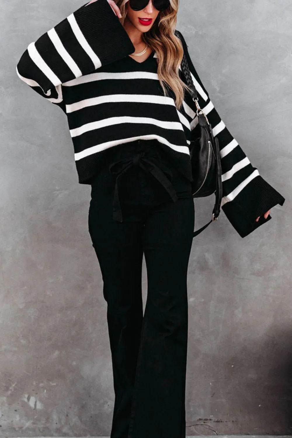 Striped Johnny Collar Long Sleeve Sweater - Bona Fide Fashion