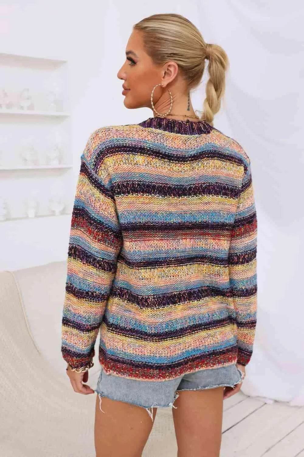 Striped Long Sleeve Open Front Cardigan - Bona Fide Fashion
