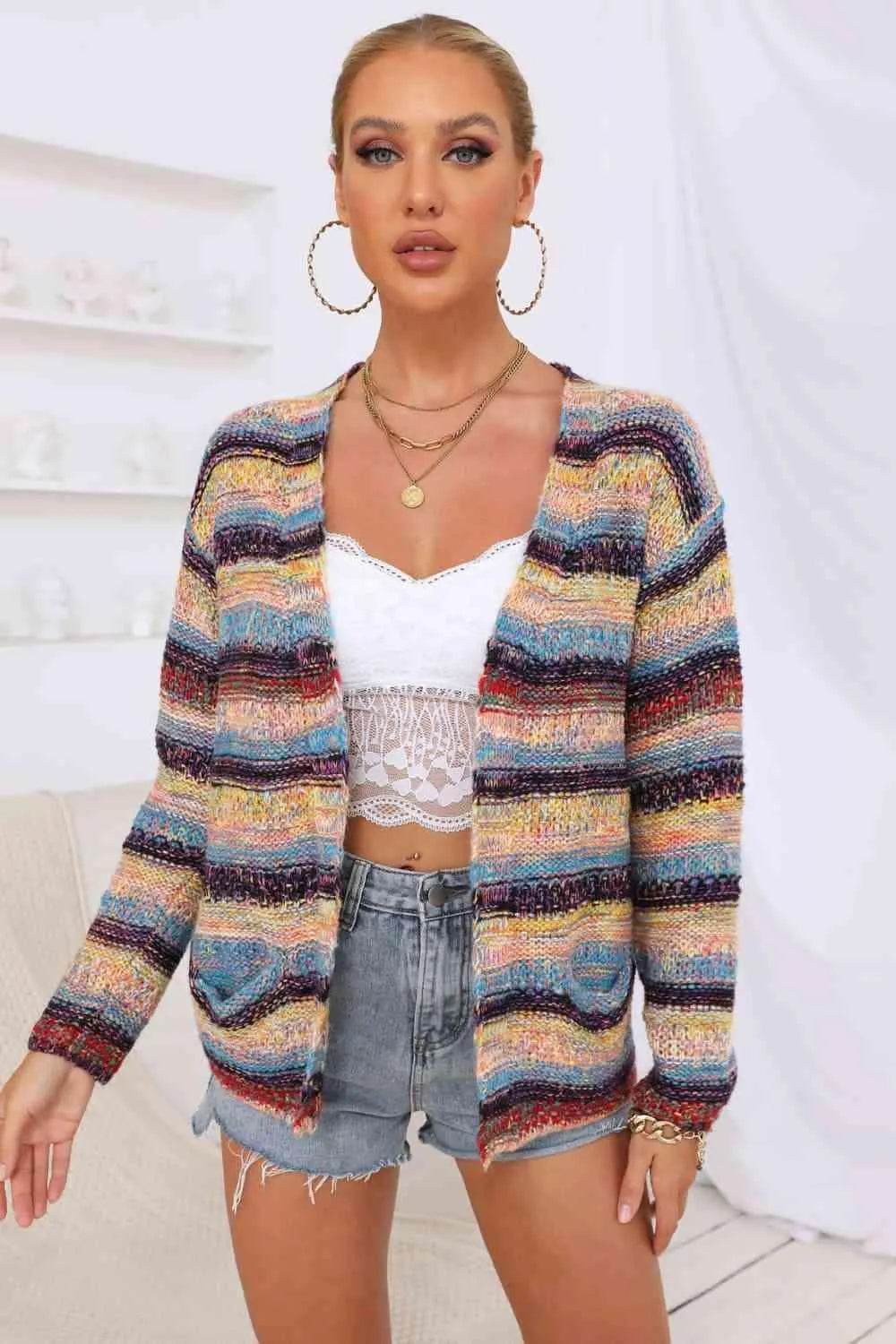 Striped Long Sleeve Open Front Cardigan - Bona Fide Fashion