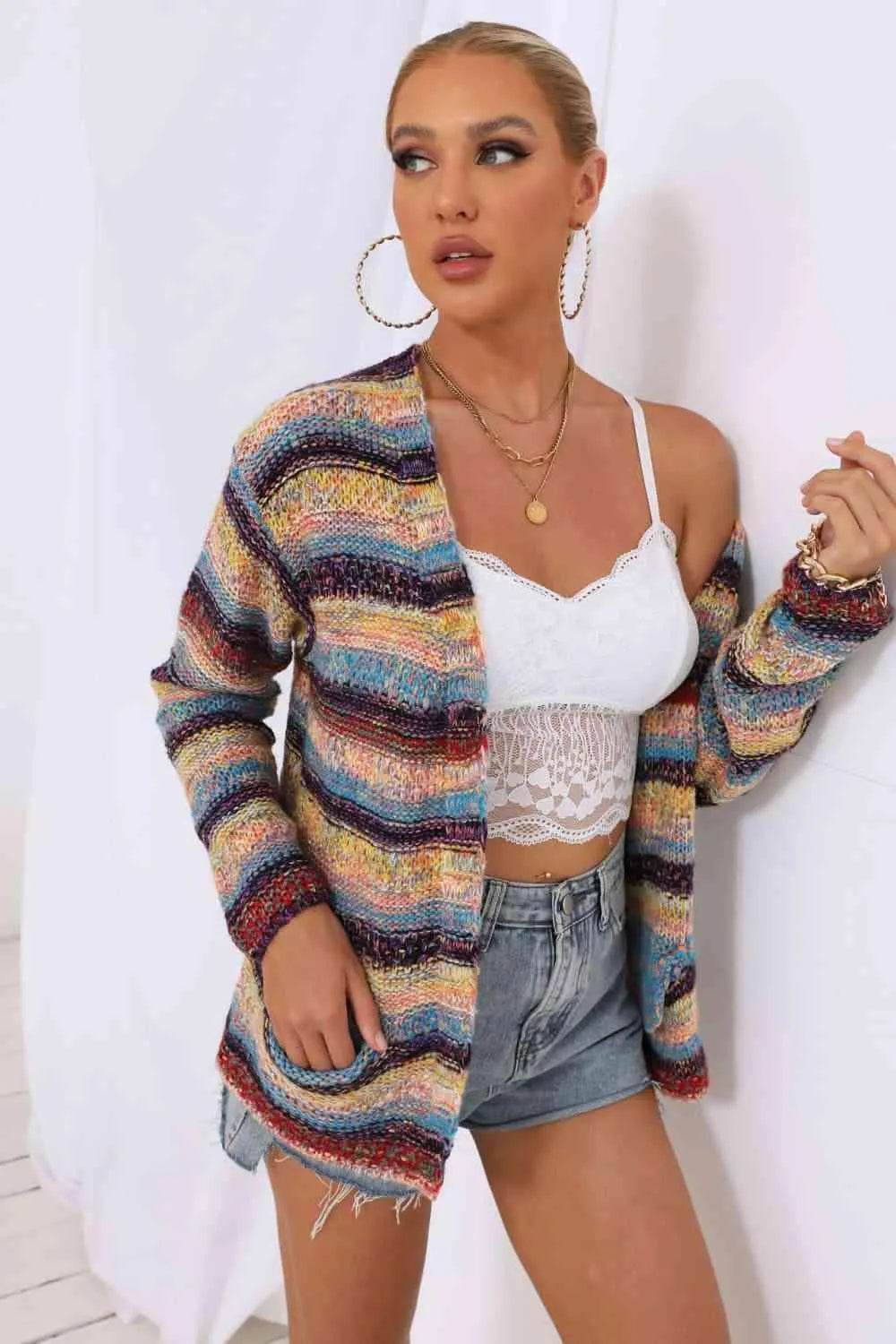 Striped Long Sleeve Open Front Cardigan - Bona Fide Fashion