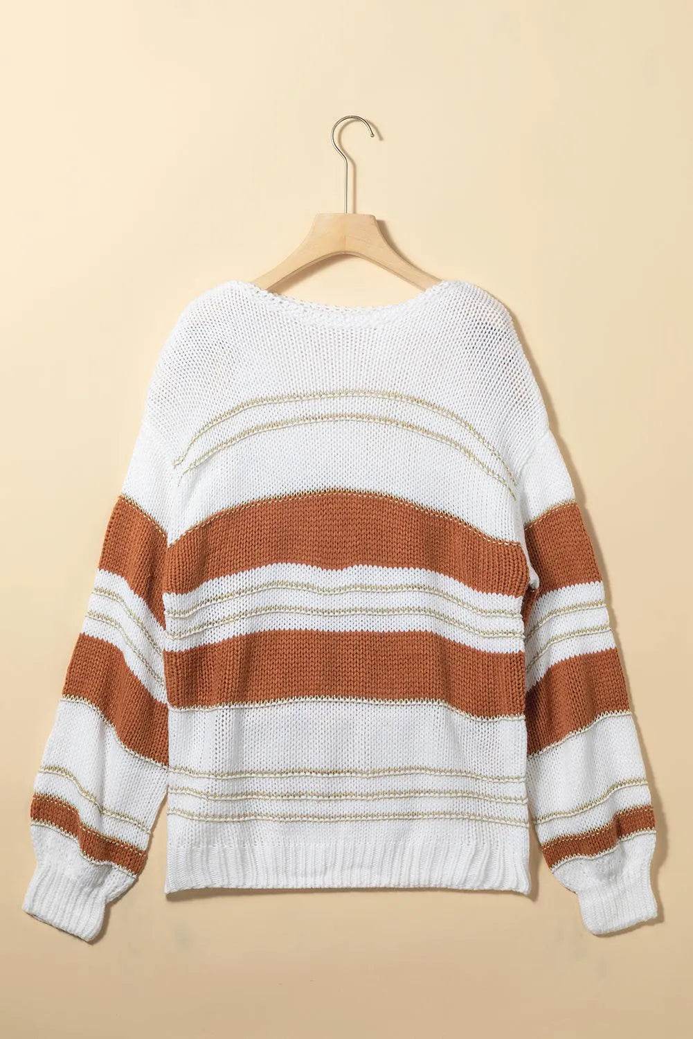 Striped Round Neck Dropped Shoulder Sweater - Bona Fide Fashion
