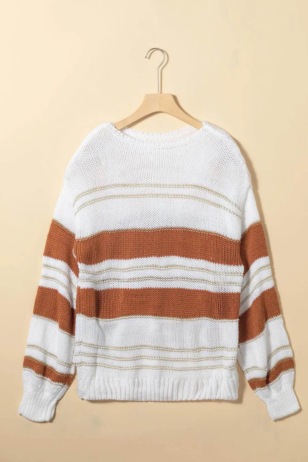 Striped Round Neck Dropped Shoulder Sweater - Bona Fide Fashion