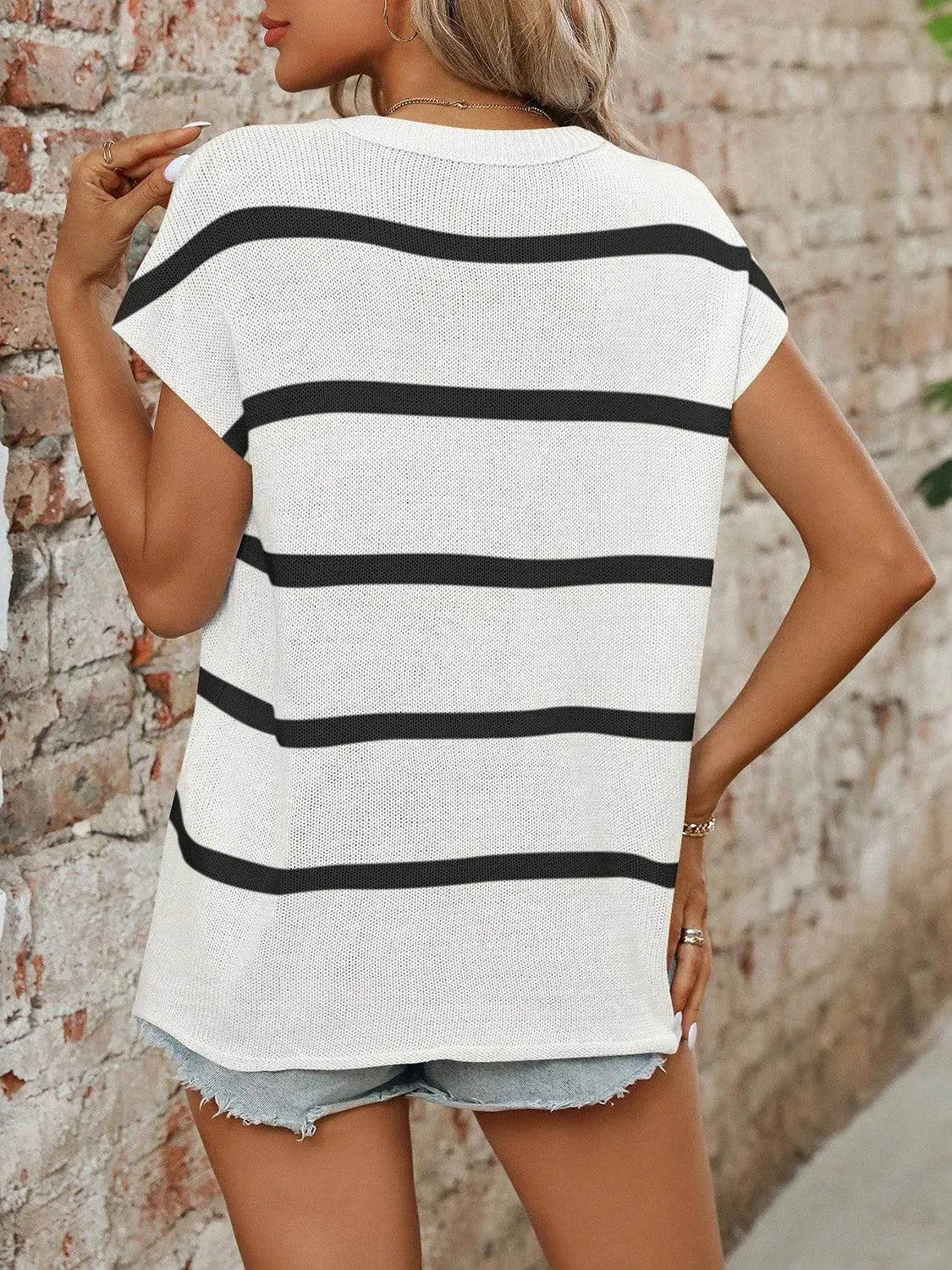 Striped Round Neck Short Sleeve Knit Top - Bona Fide Fashion