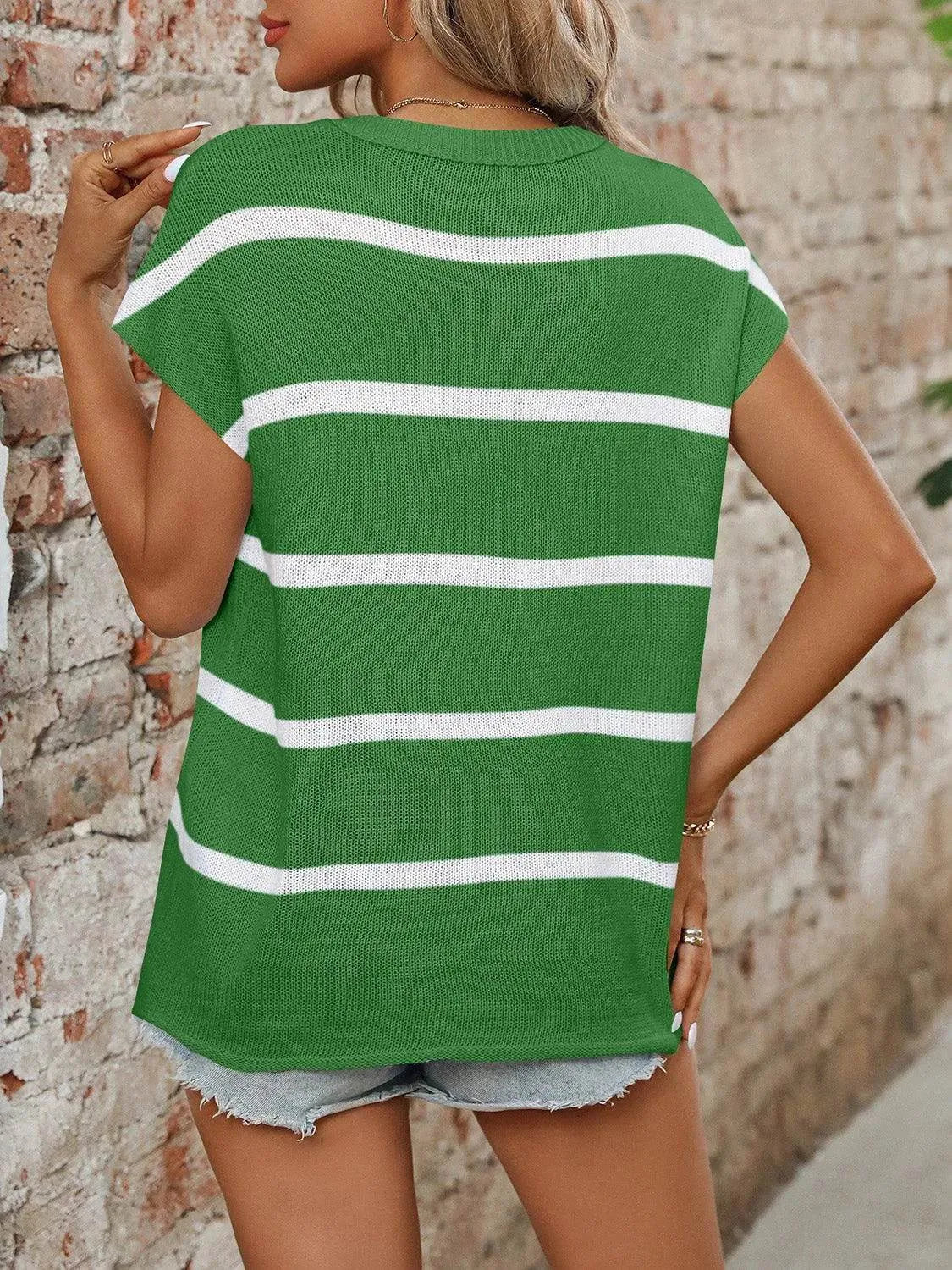 Striped Round Neck Short Sleeve Knit Top - Bona Fide Fashion