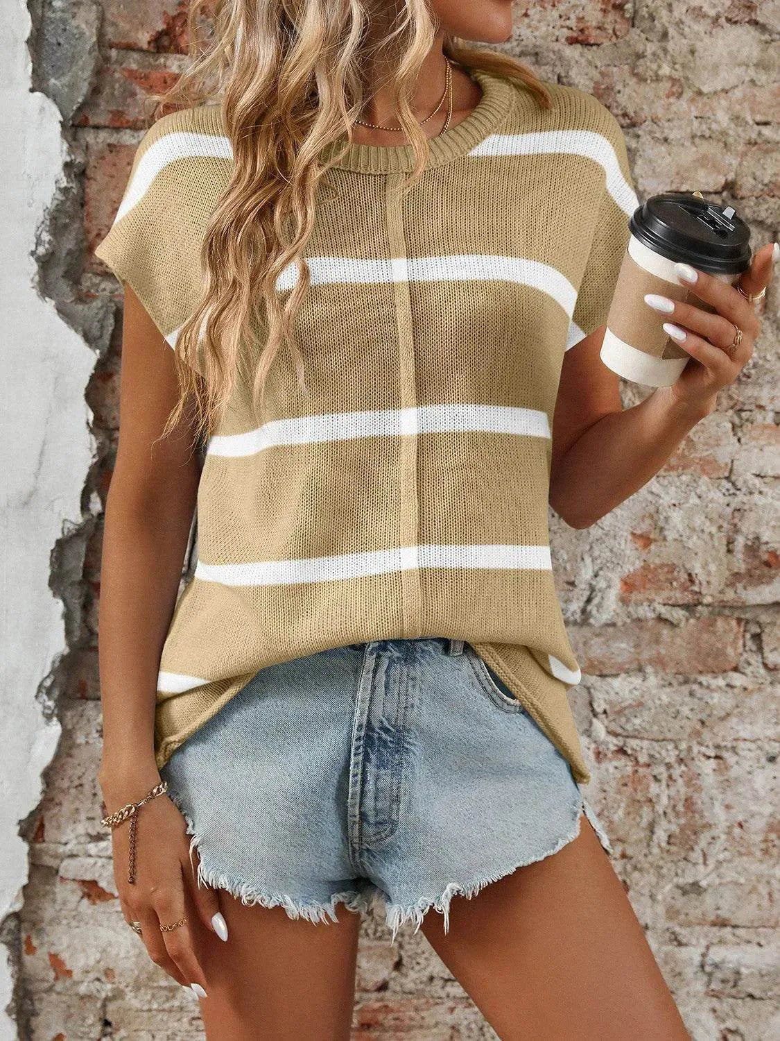 Striped Round Neck Short Sleeve Knit Top - Bona Fide Fashion