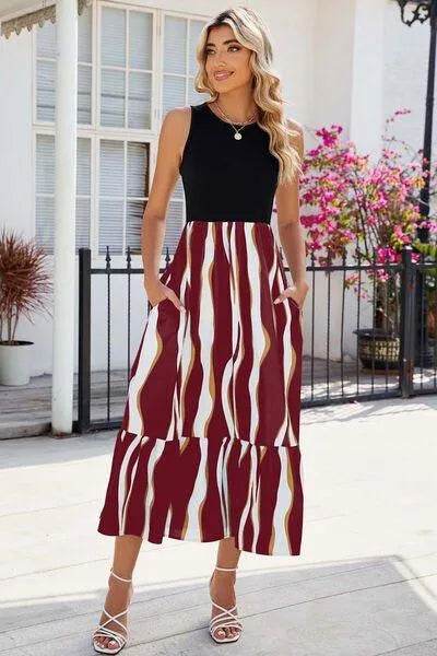 Striped Round Neck Sleeveless Midi Dress - Bona Fide Fashion