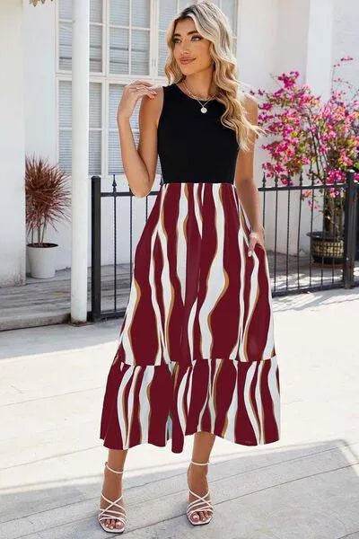 Striped Round Neck Sleeveless Midi Dress - Bona Fide Fashion