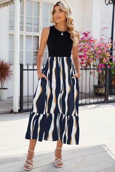Striped Round Neck Sleeveless Midi Dress - Bona Fide Fashion