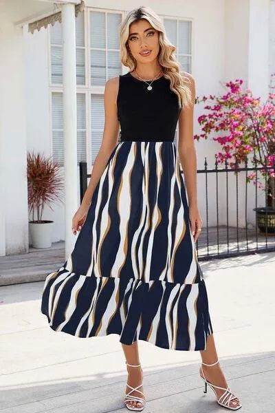 Striped Round Neck Sleeveless Midi Dress - Bona Fide Fashion