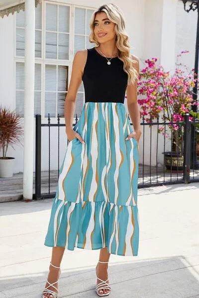 Striped Round Neck Sleeveless Midi Dress - Bona Fide Fashion